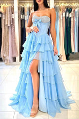 27Dress Strapless Blue High-Slit A Line Long Prom Dress with Bow