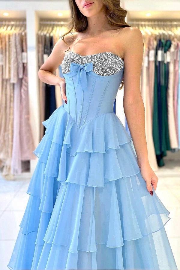 27Dress Strapless Blue High-Slit A Line Long Prom Dress with Bow
