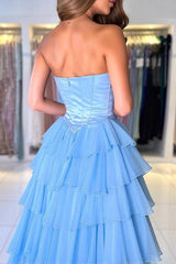 27Dress Strapless Blue High-Slit A Line Long Prom Dress with Bow