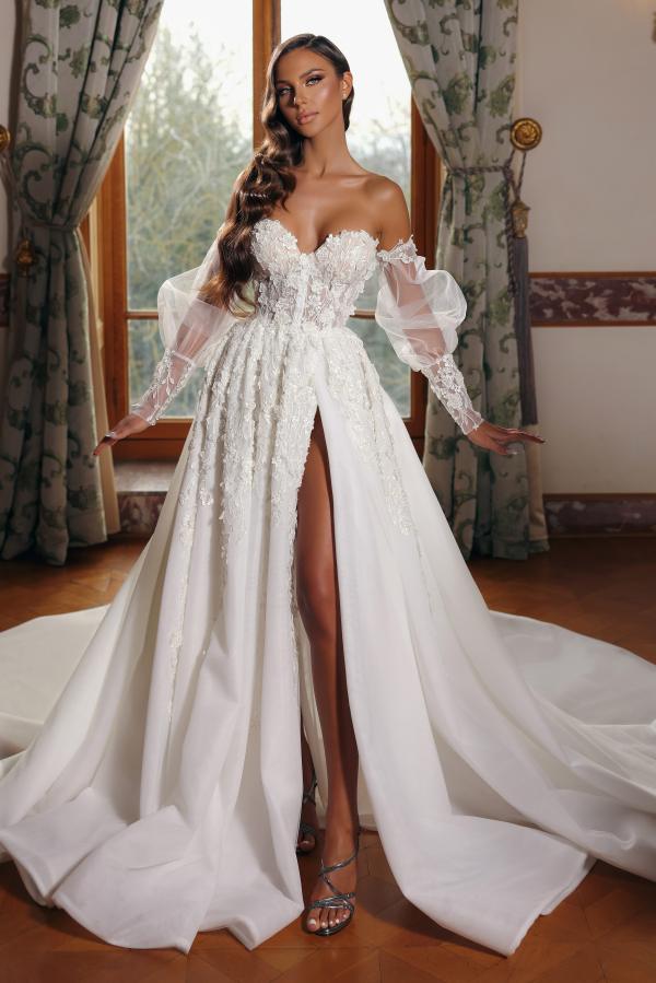 Off-the-Shoulder A-Line Long Sleeves Tulle Lace Wedding Dresses With Split