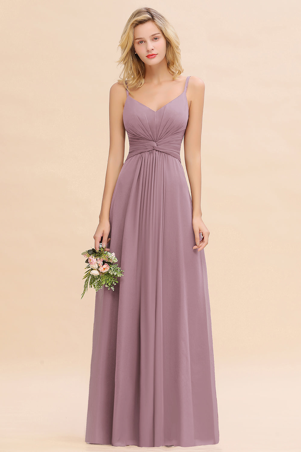V-Neck Chiffon A-Line Long Bridesmaid Dress with Ruching