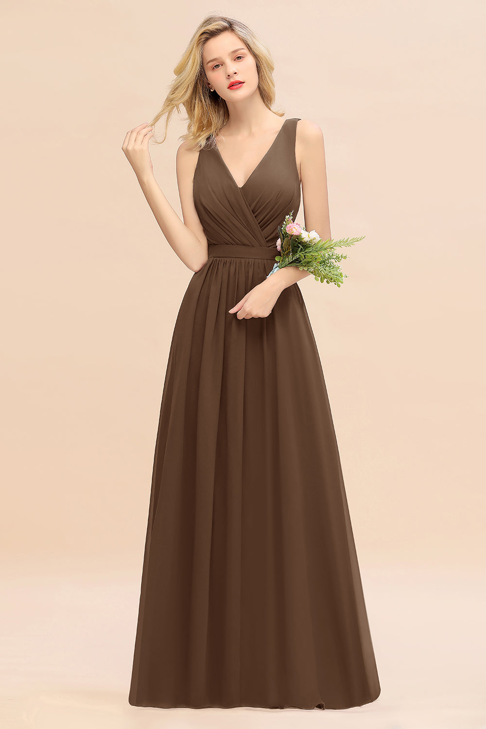 V-Neck Chiffon A-Line Long Bridesmaid Dress with Ruching