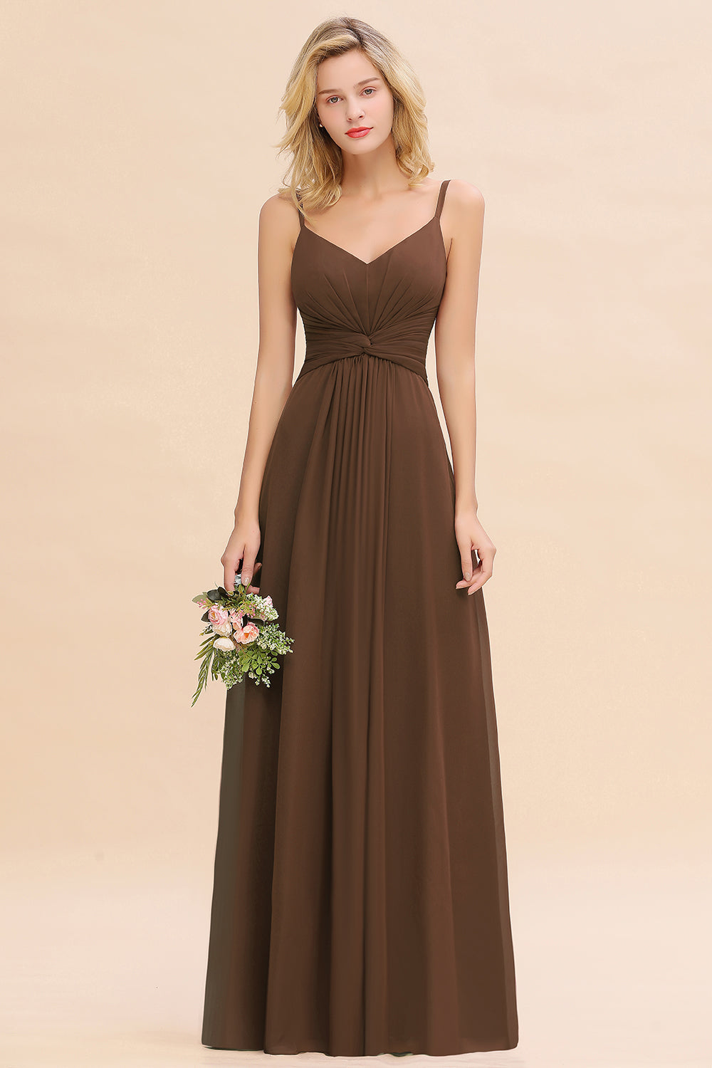 V-Neck Chiffon A-Line Long Bridesmaid Dress with Ruching