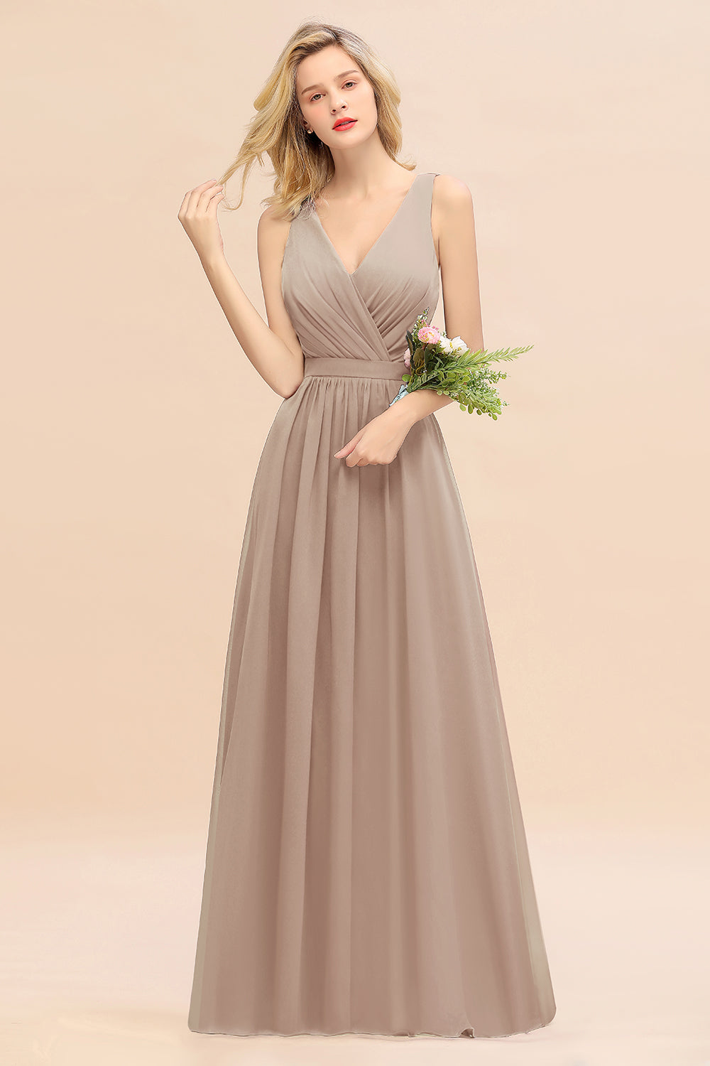 V-Neck Chiffon A-Line Long Bridesmaid Dress with Ruching
