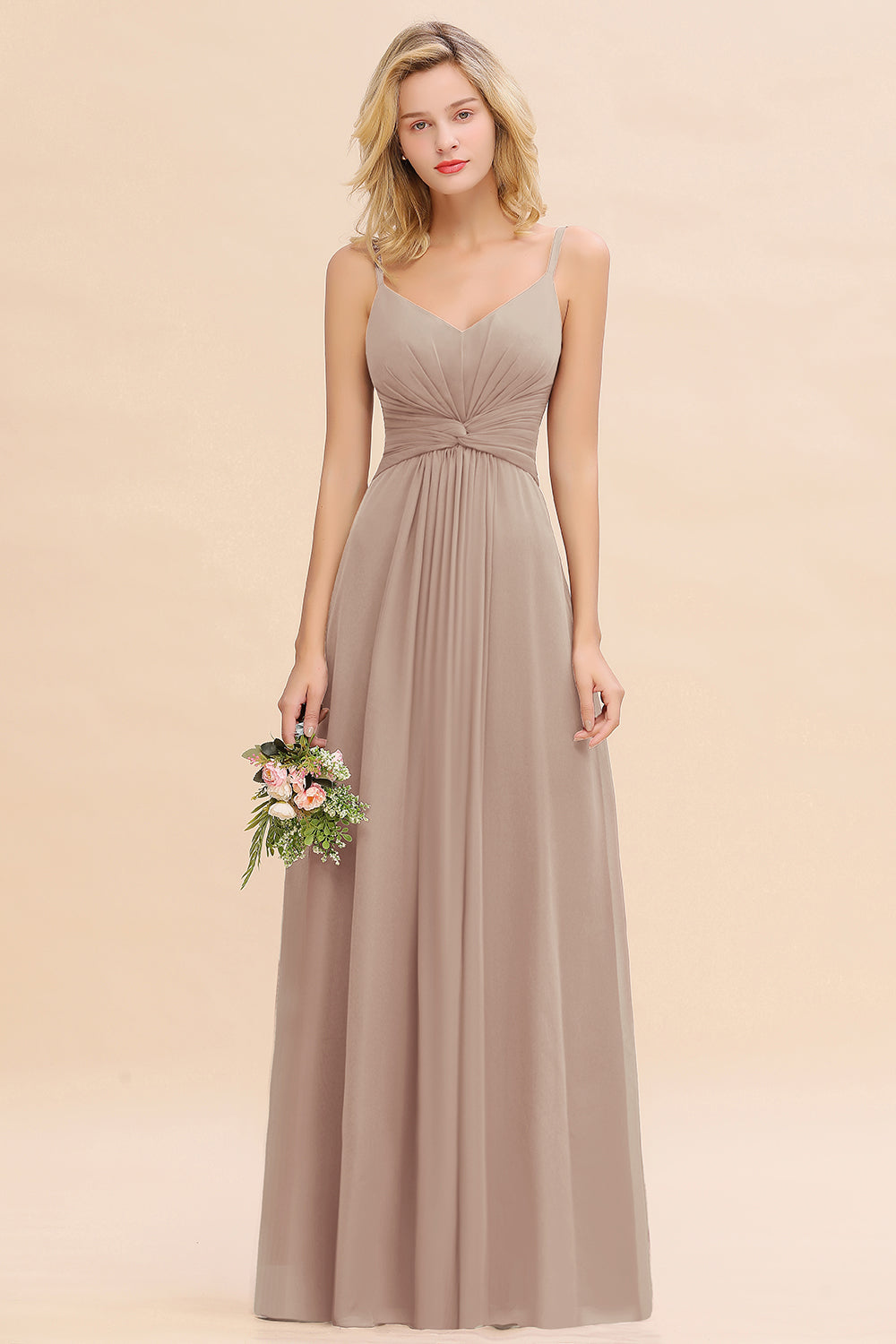 V-Neck Chiffon A-Line Long Bridesmaid Dress with Ruching