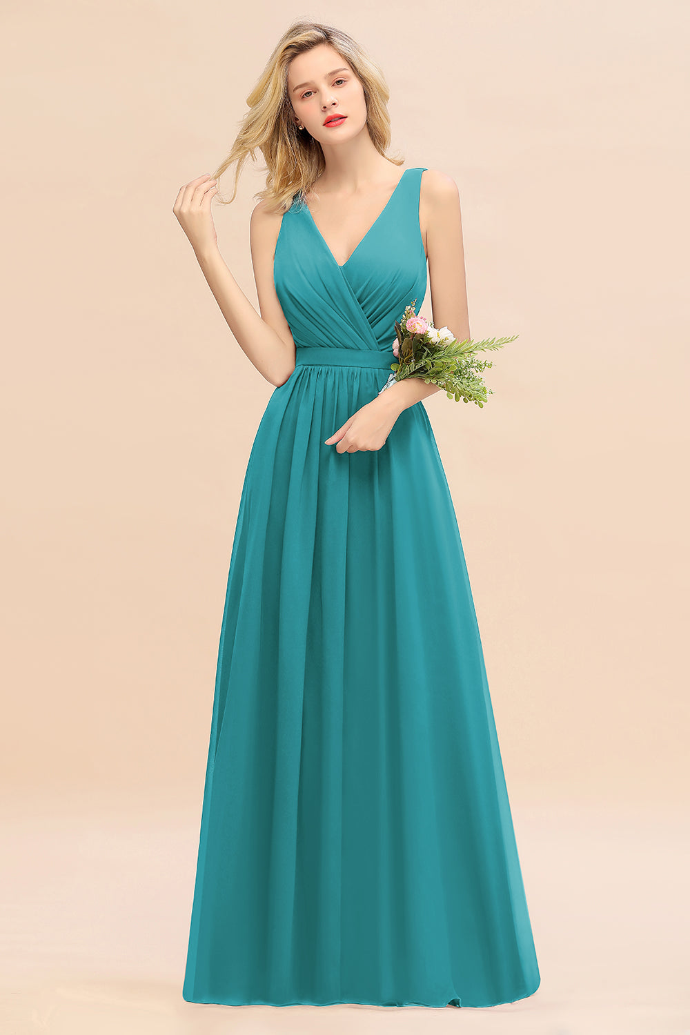 V-Neck Chiffon A-Line Long Bridesmaid Dress with Ruching