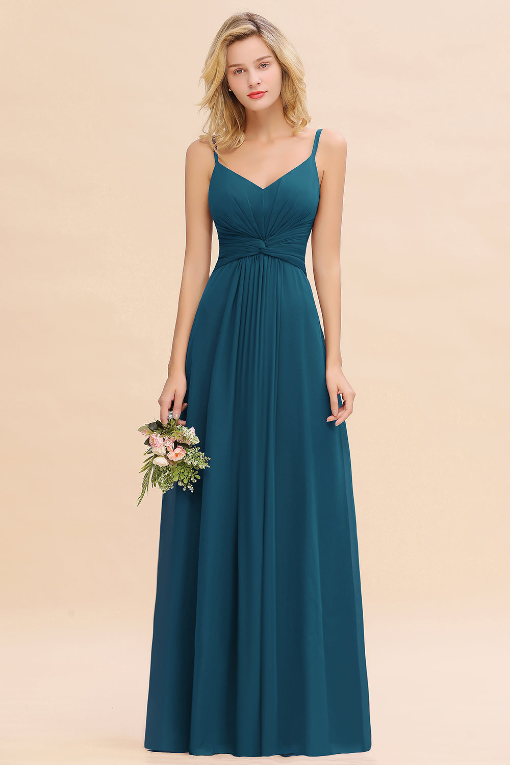 V-Neck Chiffon A-Line Long Bridesmaid Dress with Ruching