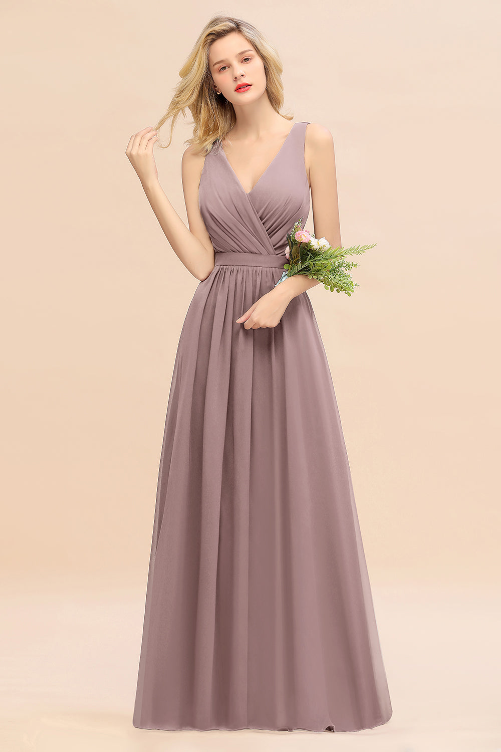 V-Neck Chiffon A-Line Long Bridesmaid Dress with Ruching