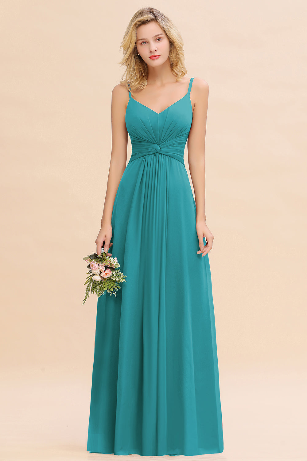 V-Neck Chiffon A-Line Long Bridesmaid Dress with Ruching