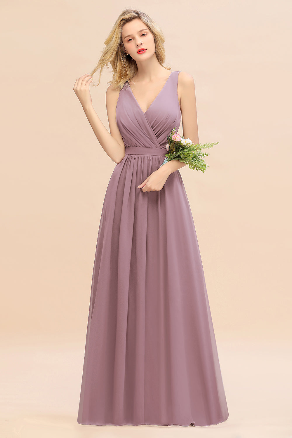 V-Neck Chiffon A-Line Long Bridesmaid Dress with Ruching