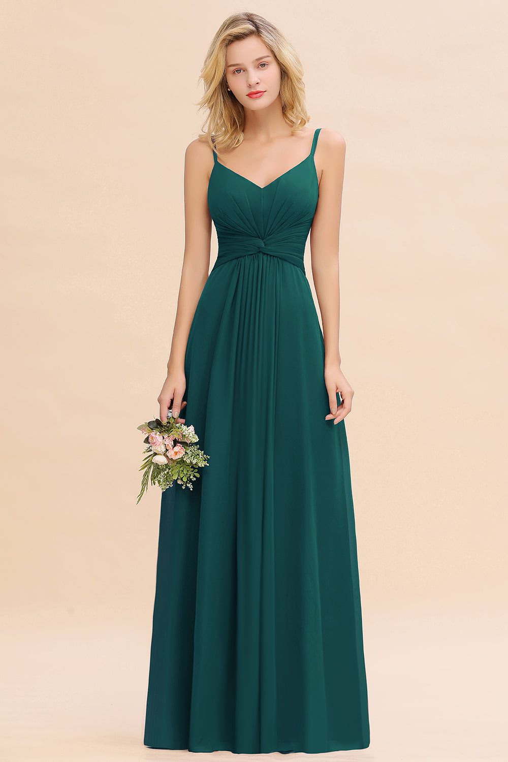 V-Neck Chiffon A-Line Long Bridesmaid Dress with Ruching