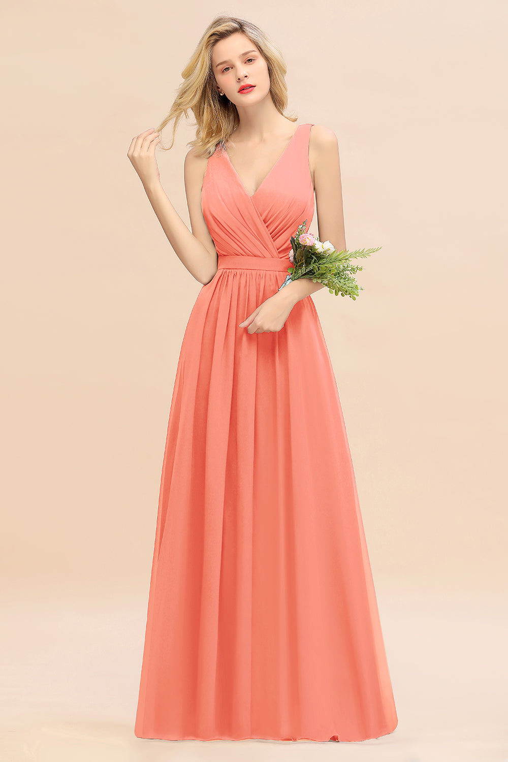 V-Neck Chiffon A-Line Long Bridesmaid Dress with Ruching