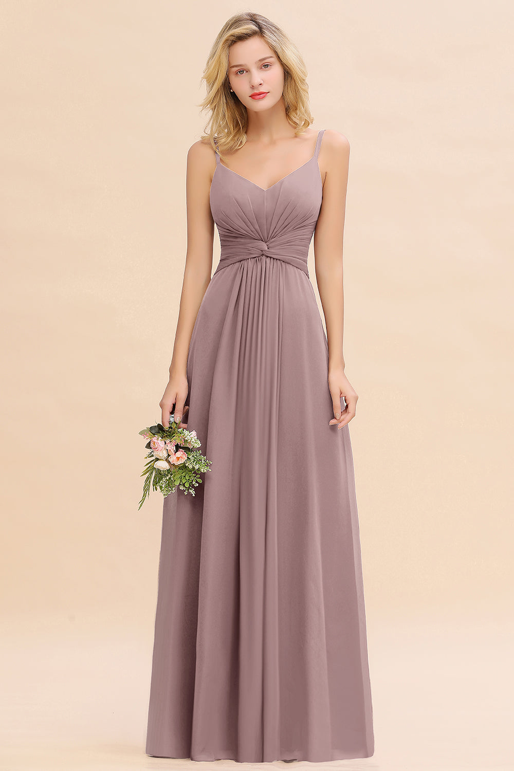 V-Neck Chiffon A-Line Long Bridesmaid Dress with Ruching
