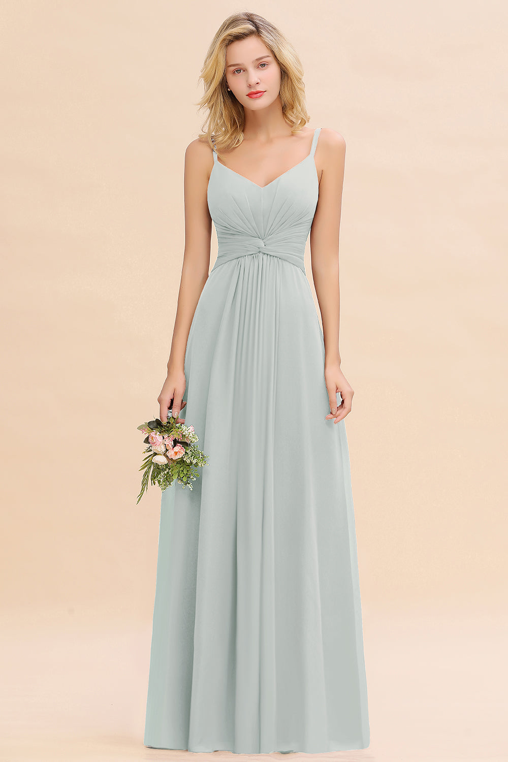 V-Neck Chiffon A-Line Long Bridesmaid Dress with Ruching