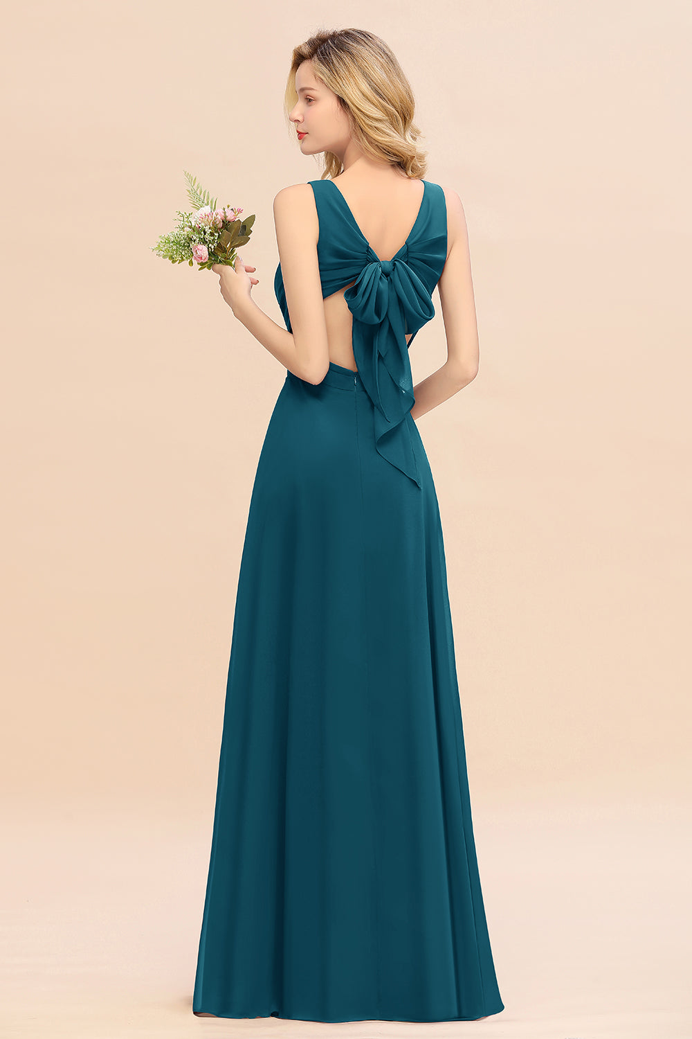 V-Neck Chiffon A-Line Long Bridesmaid Dress with Ruching Back View