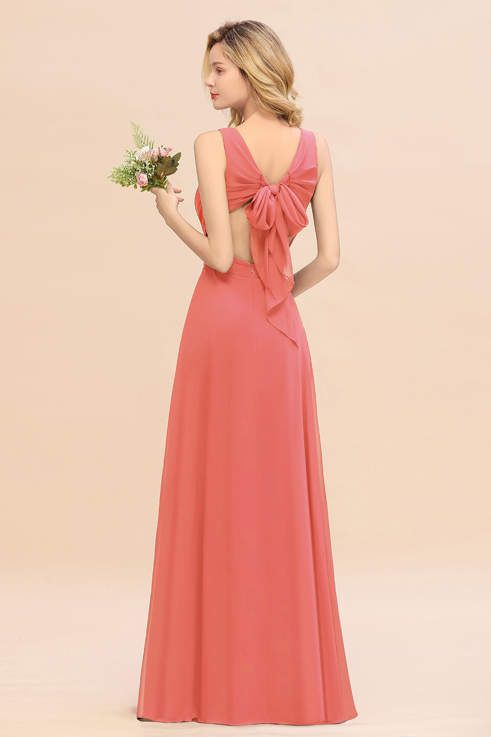 V-Neck Chiffon A-Line Long Bridesmaid Dress with Ruching Back View