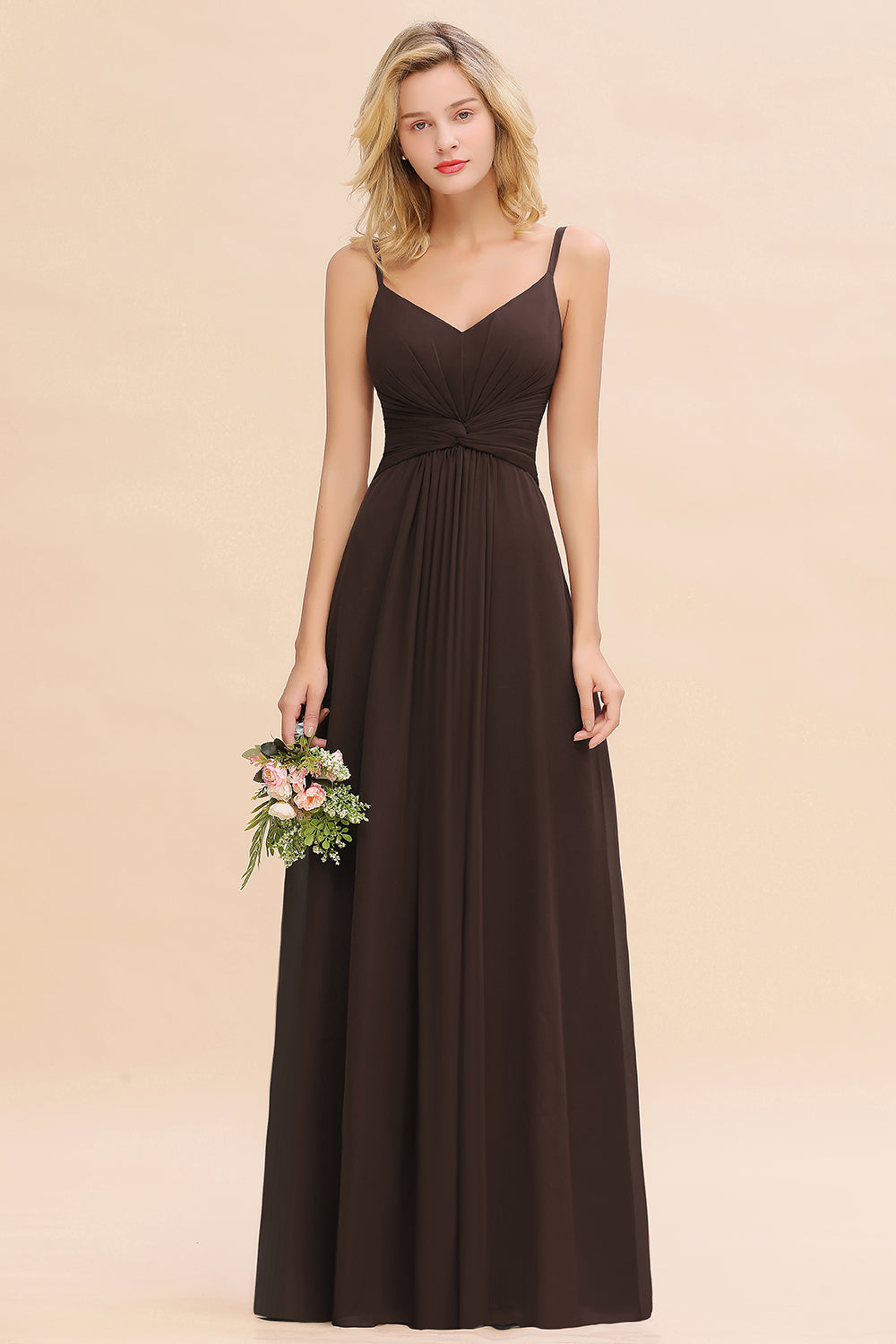 V-Neck Chiffon A-Line Long Bridesmaid Dress with Ruching