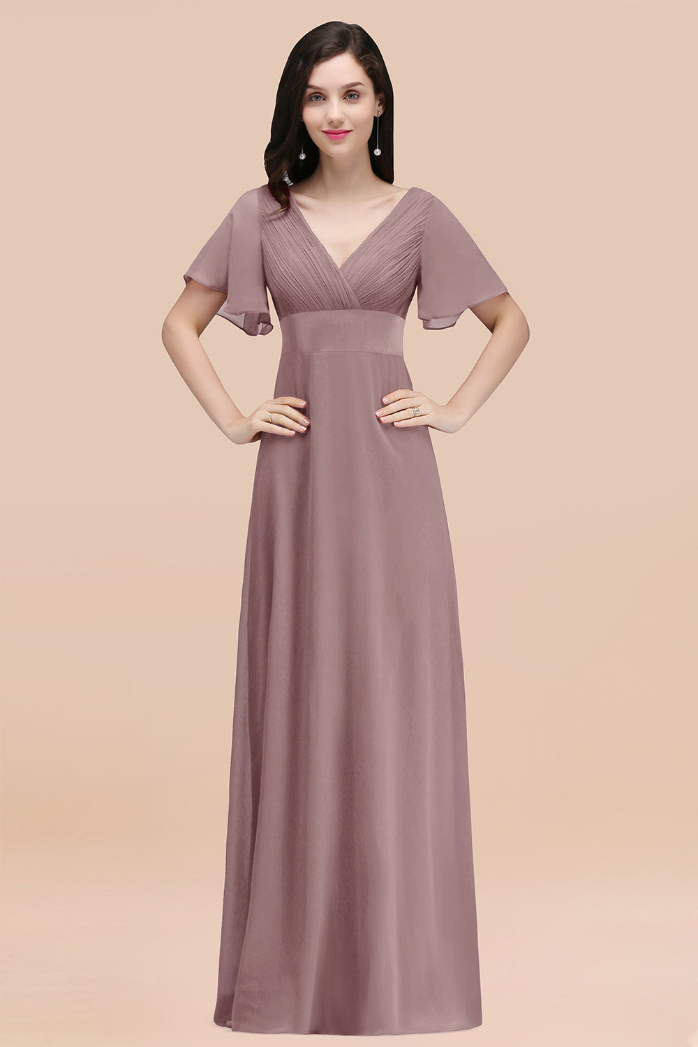 V-Neck Chiffon Empire Long Bridesmaid Dress with Pleats