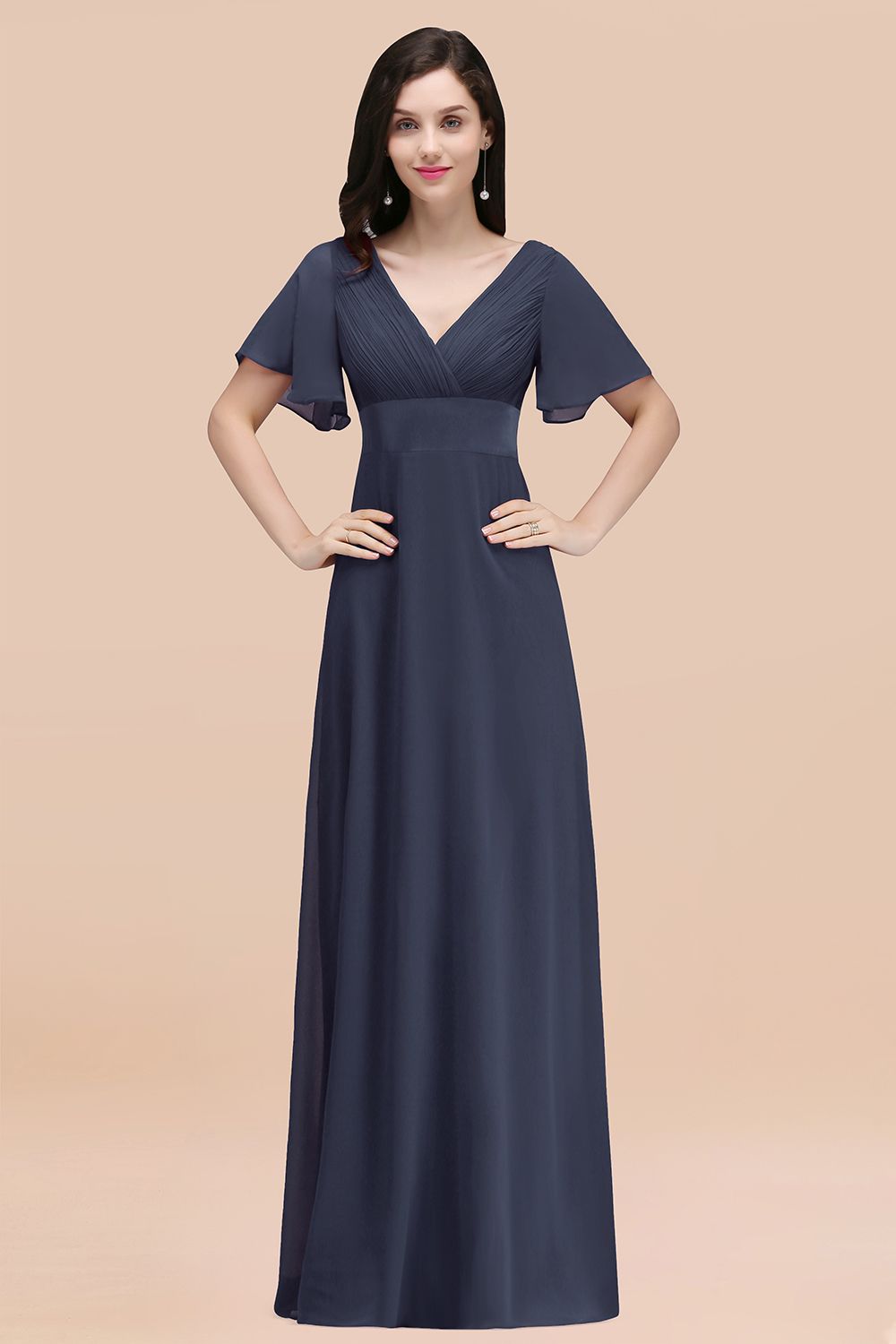 V-Neck Chiffon Empire Long Bridesmaid Dress with Pleats