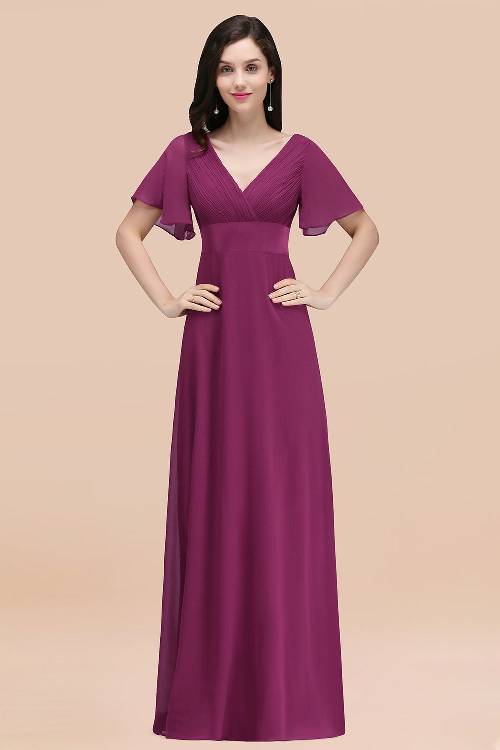V-Neck Chiffon Empire Long Bridesmaid Dress with Pleats