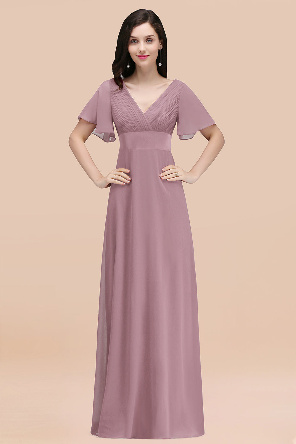 V-Neck Chiffon Empire Long Bridesmaid Dress with Pleats