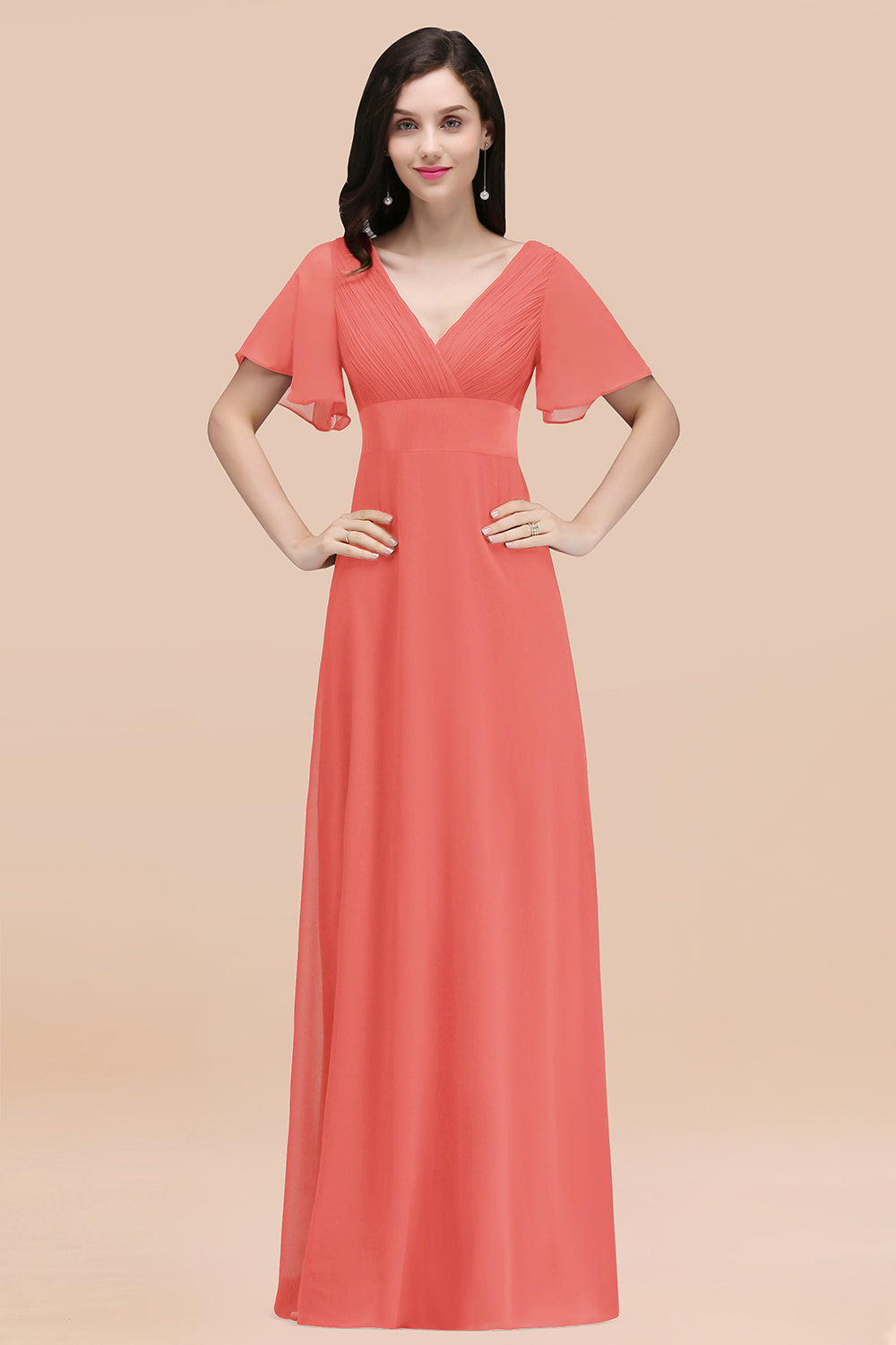 V-Neck Chiffon Empire Long Bridesmaid Dress with Pleats
