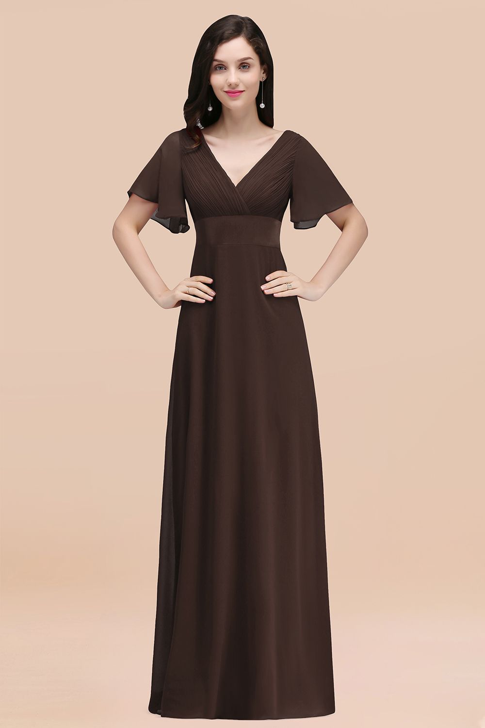 V-Neck Chiffon Empire Long Bridesmaid Dress with Pleats