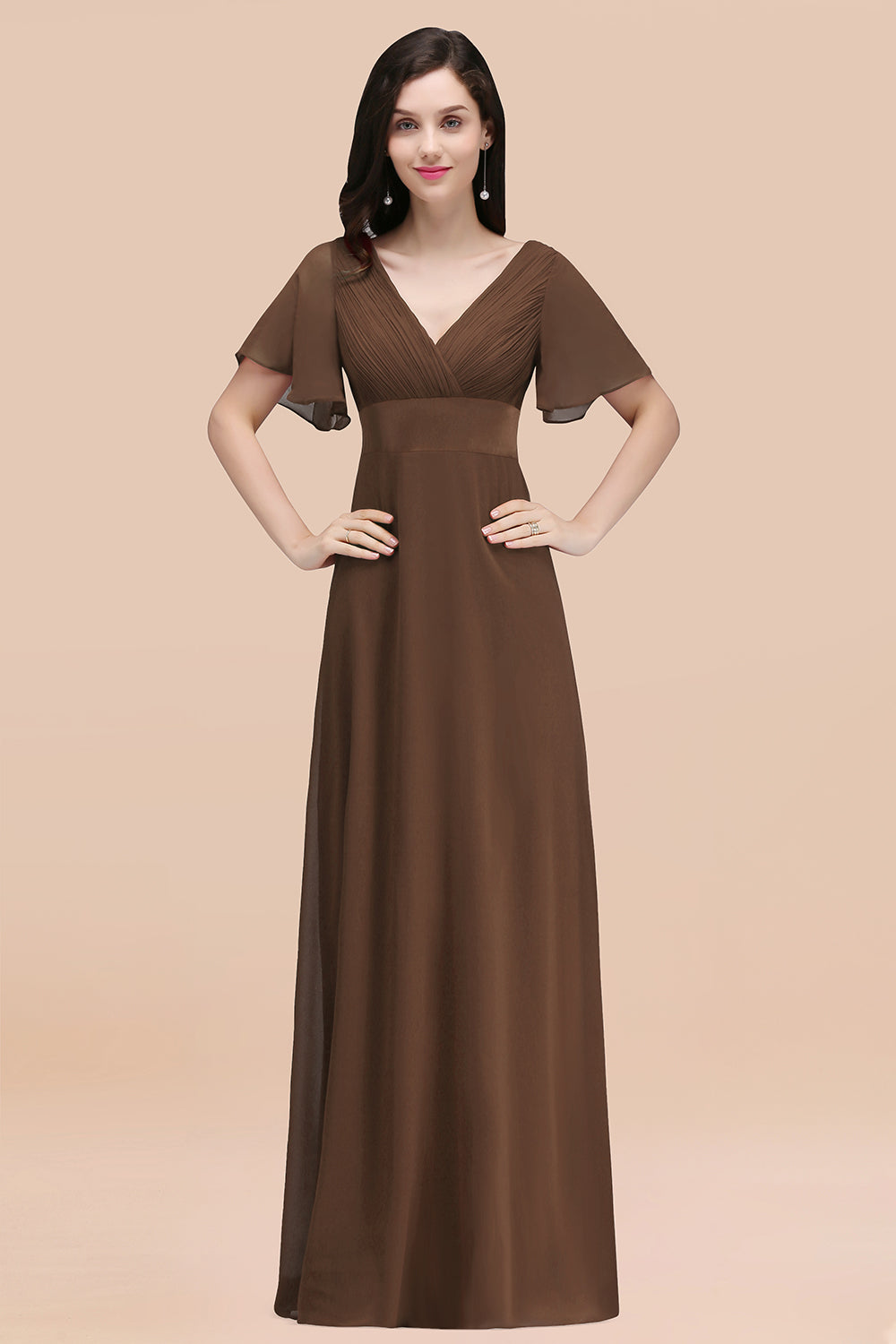 V-Neck Chiffon Empire Long Bridesmaid Dress with Pleats
