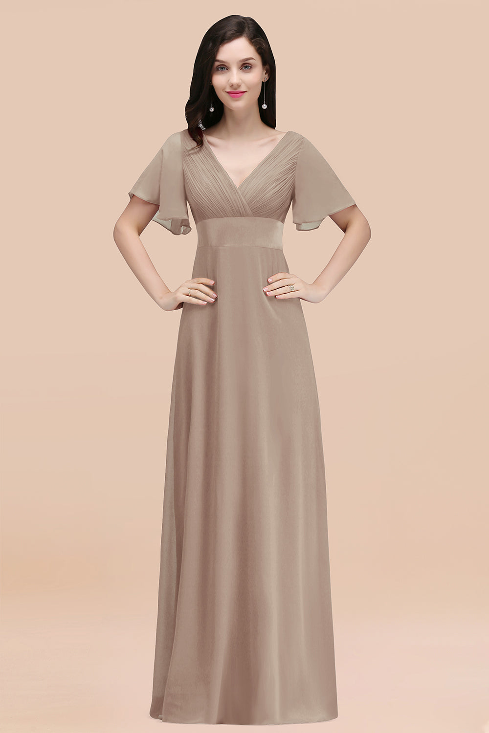 V-Neck Chiffon Empire Long Bridesmaid Dress with Pleats
