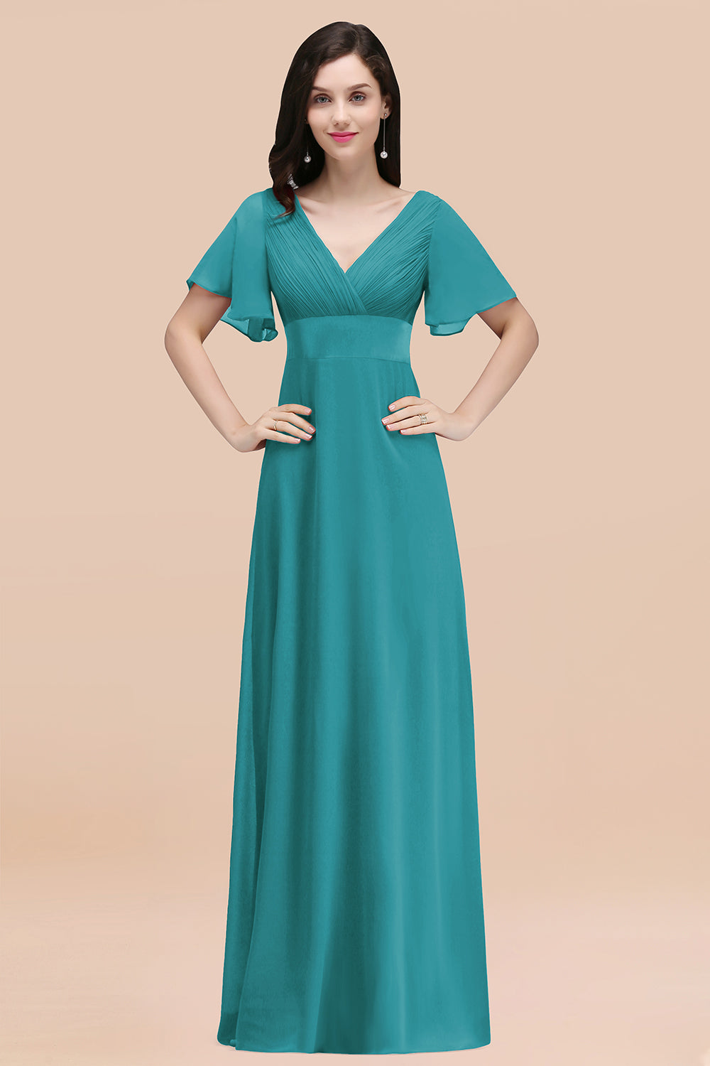 V-Neck Chiffon Empire Long Bridesmaid Dress with Pleats