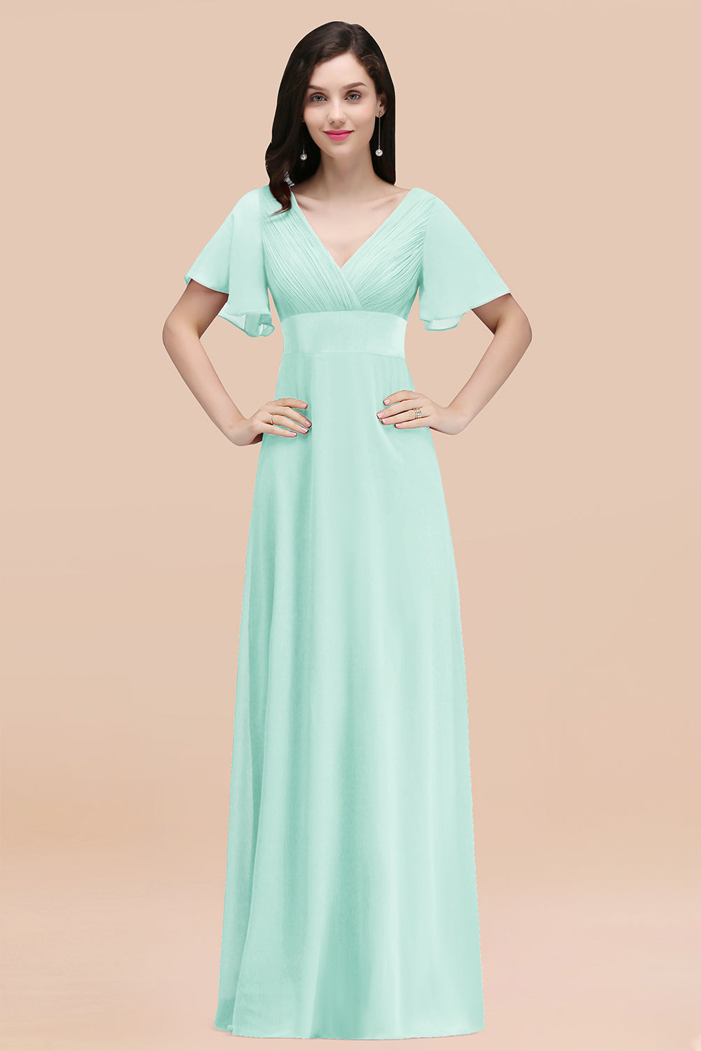 V-Neck Chiffon Empire Long Bridesmaid Dress with Pleats