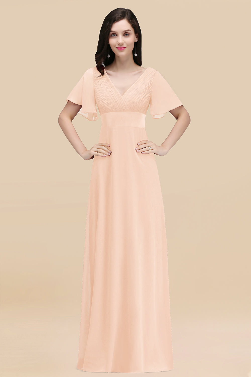 V-Neck Chiffon Empire Long Bridesmaid Dress with Pleats