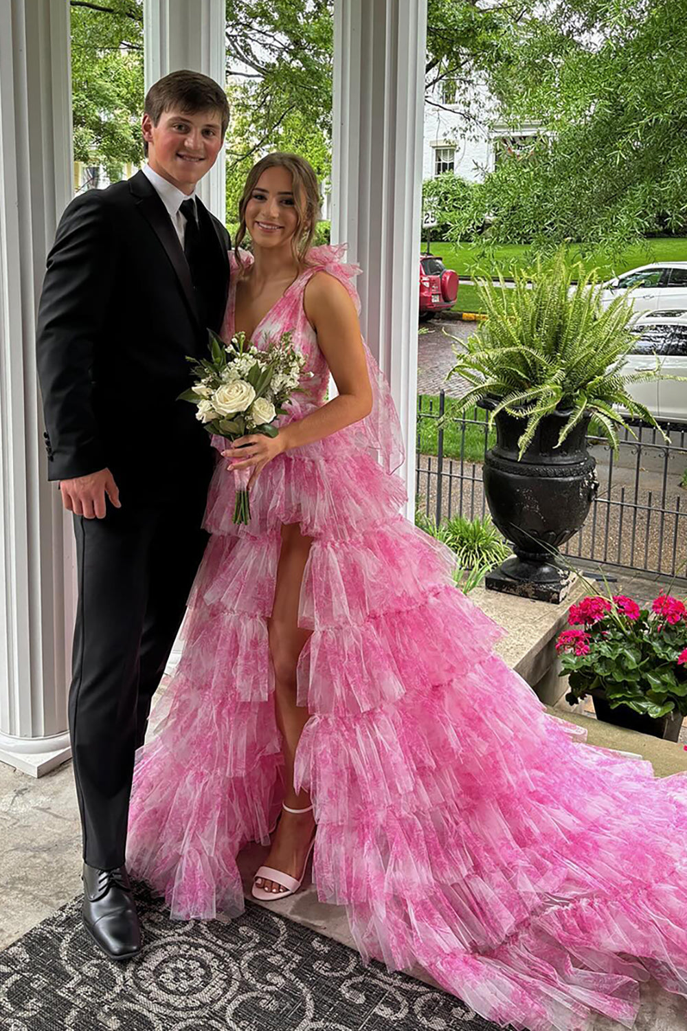V-Neck Tulle A-Line Long Prom Dress with Slit Group