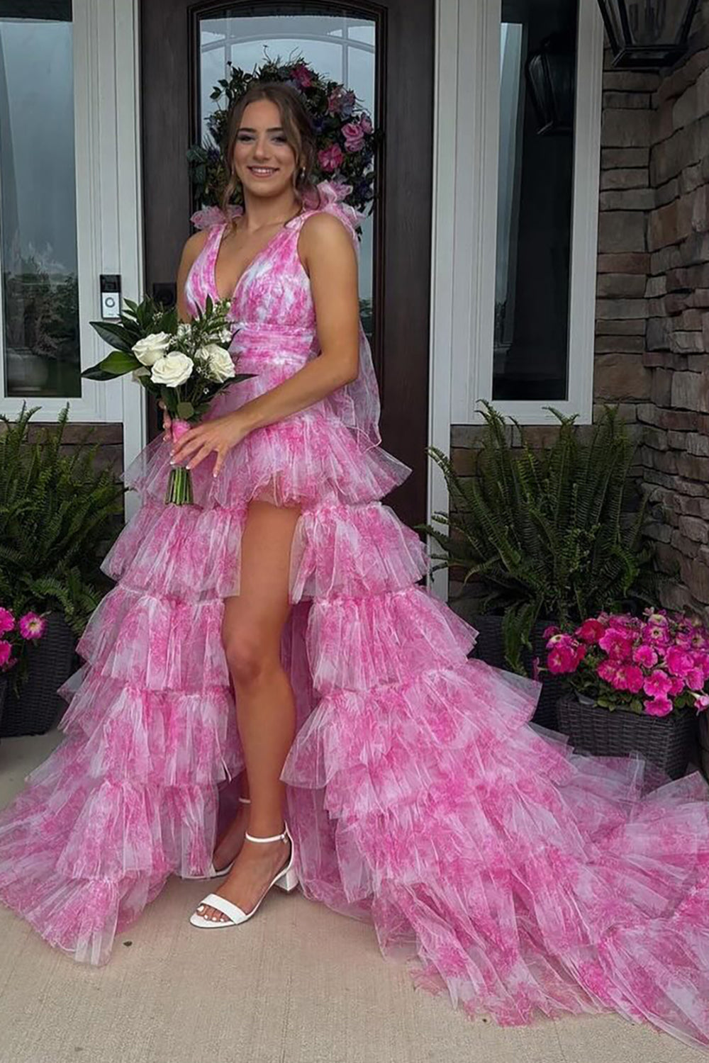 V-Neck Tulle A-Line Long Prom Dress with Slit