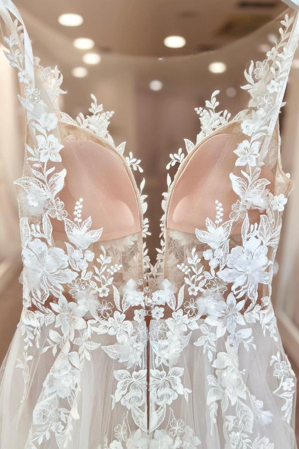 A-Line V-neck Chiffon Lace Open Back Long Wedding Dresses With Split 27dress A-Line V-neck Chiffon Lace Open Back Long Wedding Dresses With Split 27dress