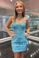 Sparkly Blue Corset Floral Tight Short Homecoming Dress with Lace