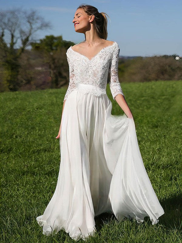 White A-Line Sweep Train Wedding Dress with Lace Appliques