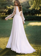 White Deep V-Neck A-Line Sweep Train Wedding Dress with Lace Appliques, Long Sleeves and Pleats Back View