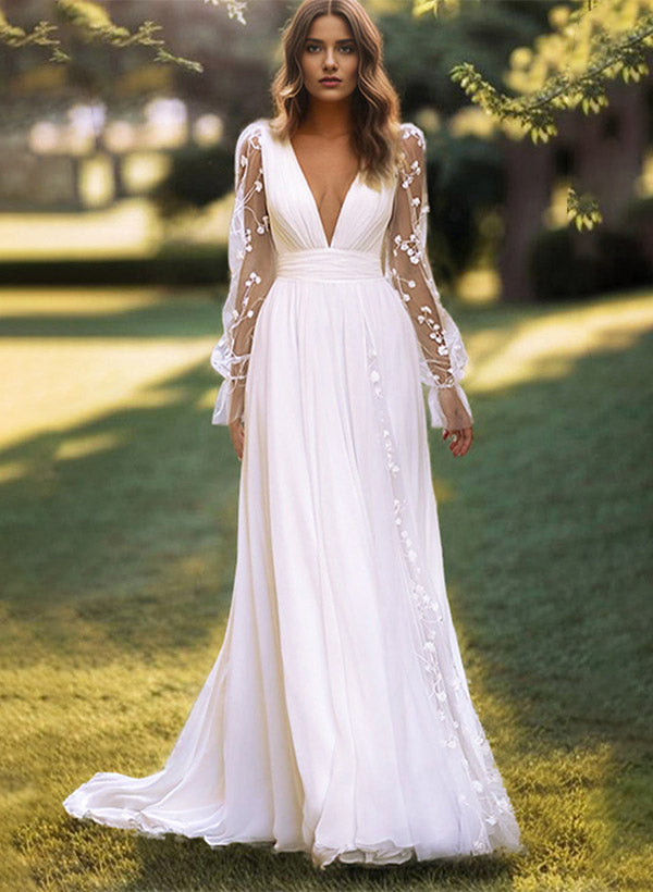 White Deep V-Neck A-Line Sweep Train Wedding Dress with Lace Appliques, Long Sleeves and Pleats
