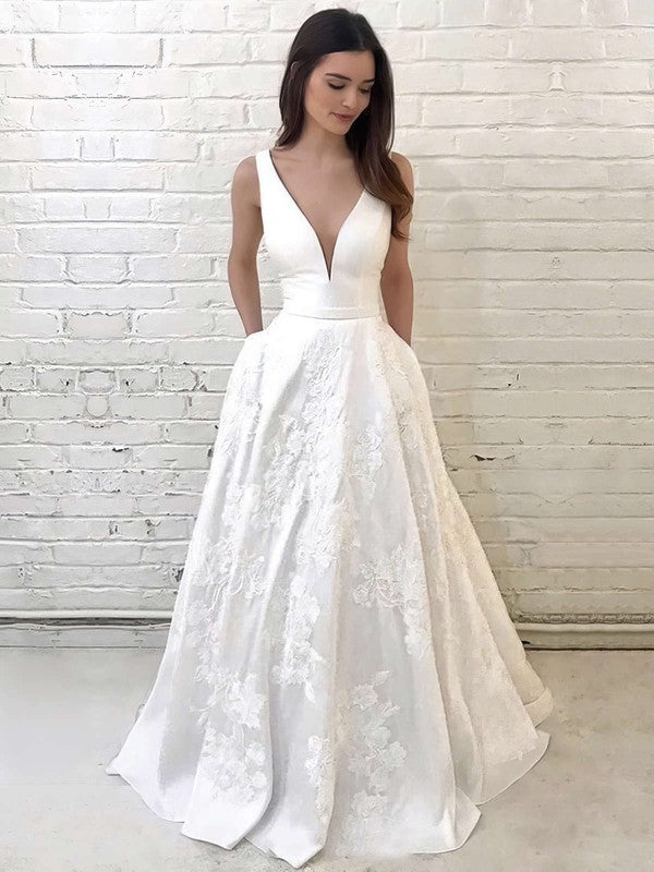 White Deep V-Neck A-Line Sweep Train Wedding Dress with Lace Appliques and Pockets