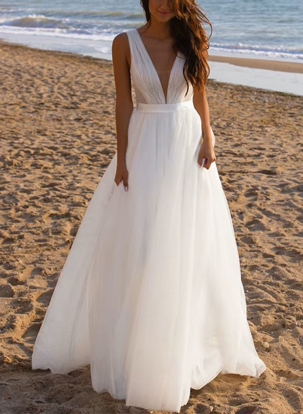 White Deep V-Neck A-Line Sweep Train Wedding Dress with Pleats