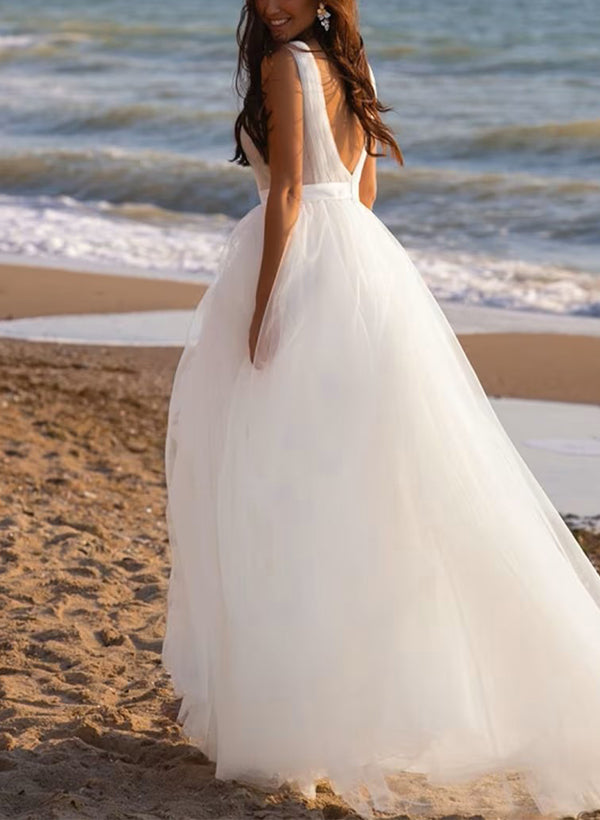 White Deep V-Neck A-Line Sweep Train Wedding Dress with Pleats Back View