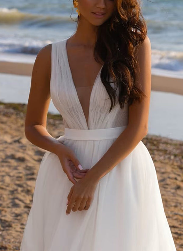 White Deep V-Neck A-Line Sweep Train Wedding Dress with Pleats Bodice Detail