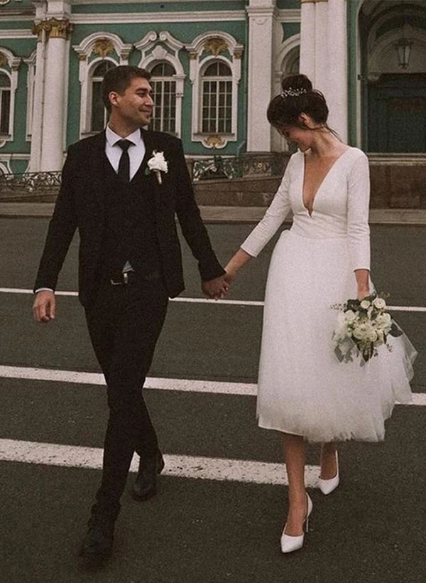 White Deep V-Neck A-Line Wedding Dress