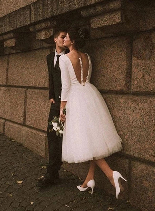 White Deep V-Neck A-Line Wedding Dress Back View