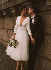 White Deep V-Neck A-Line Wedding Dress