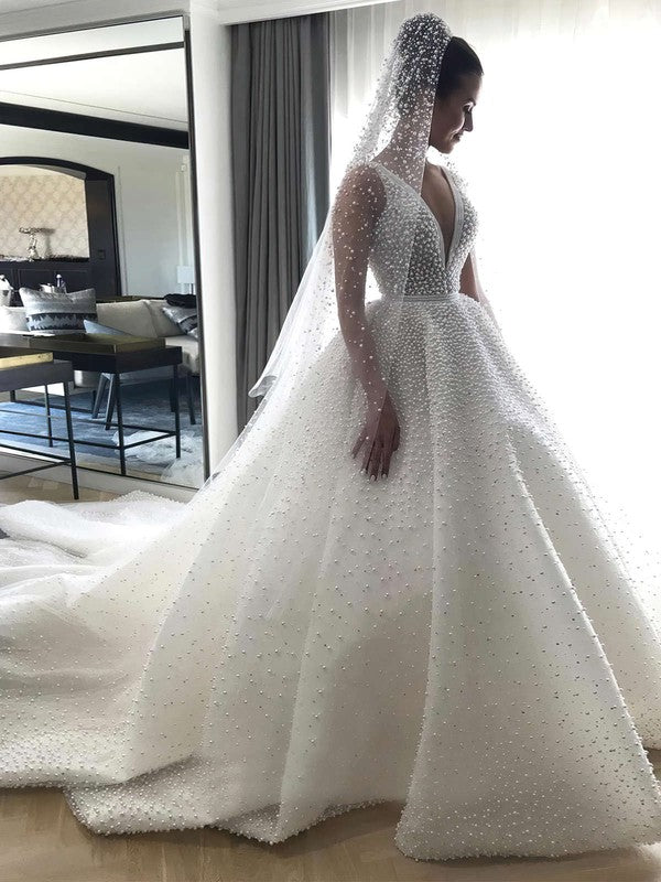 White Deep V-Neck Ball Gown Chapel Train Wedding Dress with Long Sleeves