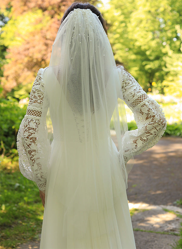 White Deep V-Neck Chiffon A-Line Sweep Train Wedding Dress with Lace Appliques, Long Sleeves and Slit Back View