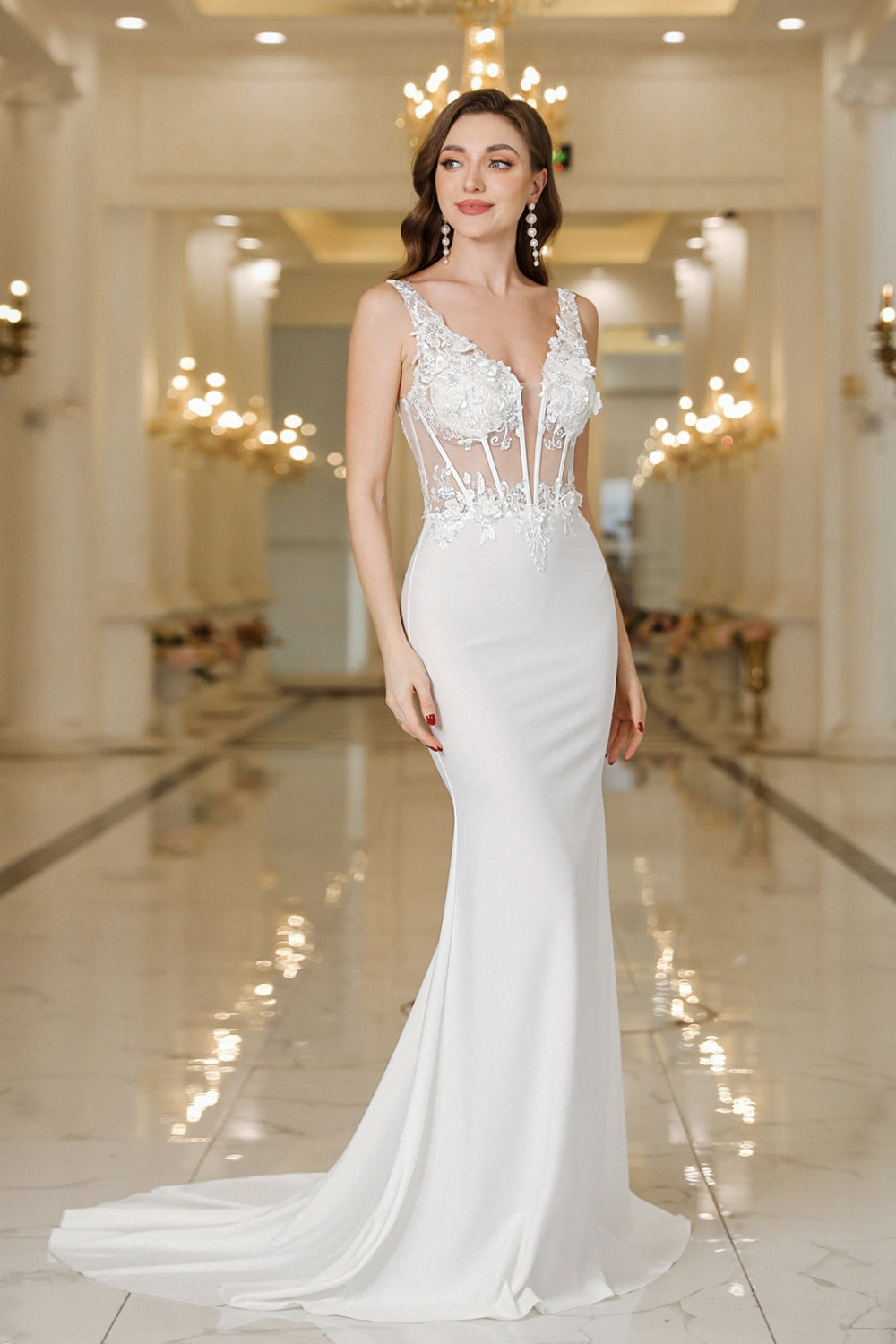 White Deep V-Neck Mermaid Sweep Train Wedding Dress with Lace Appliques