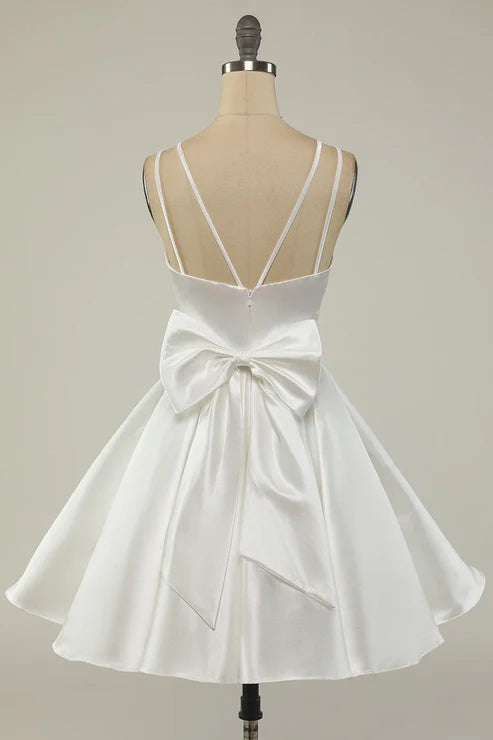 White Deep V-Neck Satin A-Line Homecoming Dress with Bow Back View